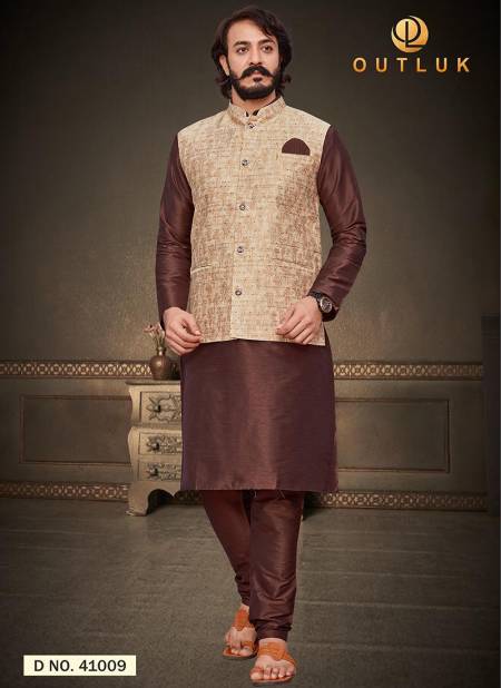Brown And Cream Colour Latest Design Festive Wear Art Silk Jacquard Print Kurta Pajama With Jacket Mens Collection 41009